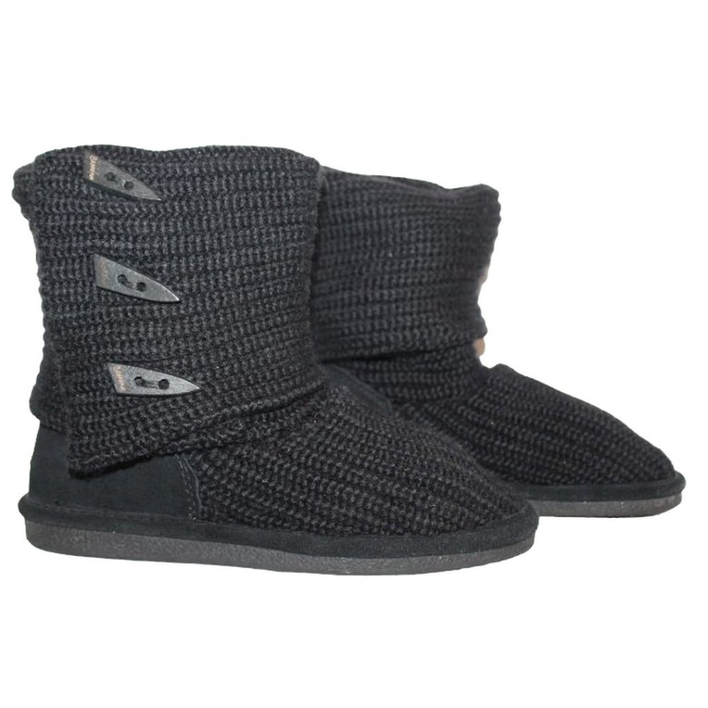 BEARPAW 658W Womens Black Knit & Suede Tall Sheepskin Slouch/Cuff BOOTS ~Sz 7